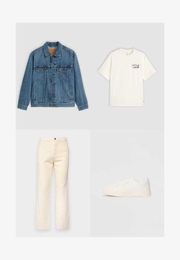 Traper jakna svijetloplave boje s dugmadi sprijeda, dva džepa na prsima i bočnim džepovima. Ima klasičan ovratnik i izblijedjeli izgled.; Bijela majica s kratkim rukavima od pamuka, s crnim grafičkim dizajnom na lijevoj strani prsnog dijela s riječju "Fresh."; Kremaste pamučne traperice ravnog kroja, s prednjim zatvaračem na dugme i standardnim pet džepova.; Bijele slip-on tenisice s teksturiranom površinom, debelim đonom i minimalističkim dizajnom. Sadrže logo branda sa strane.