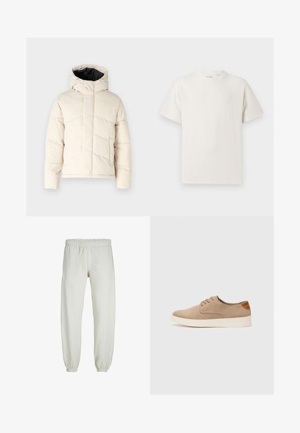 Jack & Jones JJWORLD mleczny; Biała krótka koszulka z krótkim rękawem o żebrowanej fakturze. Okrągły dekolt, luźny krój, brak widocznych wzorów lub akcentów. Prosty i uniwersalny design.; Białe dresy wykonane z miękkiego materiału, z elastycznym pasem i mankietami, o gładkiej fakturze i luźnym kroju.; Beżowe zamszowe sneakersy z okrągłym noskiem, sznurowanym przodem i teksturowanym akcentem na tyle. Biała gumowa podeszwa tworzy kontrast. Prosty i nowoczesny design.