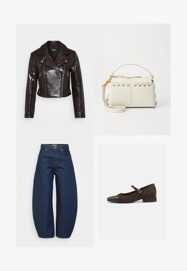 Hnedá koženka s krátkym strihom, striebornými zipsami, širokým golierom a dlhými rukávmi. Obsahuje diagonálne a vertikálne zipsové vrecká.; Námorníckomodrý krátky sveter vyrobený z jemného pleteného materiálu. Má okrúhly výstrih a dlhé rukávy s rebrovanými manžetami. Jednoduchý, elegantný dizajn.; Tmavomodré džínsy z denimu so širokým, voľným strihom. Majú zips na zapínanie, štyri vrecká a kontrastný šev pozdĺž švíkov.; Hnedé semišové topánky typu Mary Jane s čiernym lakovaným špičkovým krytom, nastaviteľným remienkom a nízkym blokovým podpätkom. Hladká textúra s minimálnymi akcentmi.; Biela kabelka z imitácie kože s vrchným zipsom, krátkym uchom a odnímateľným crossbody popruhom so zlatými kovovými detailmi. Bočné šnurovanie.; Strieborná kruhová náušnica s lesklým povrchom, obsahujúca malé zlaté akcenty a okrúhly tvar, nosená na lalôčiku ucha.