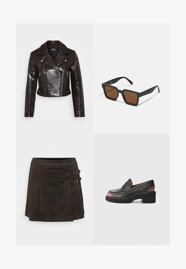 Barna műbőr cropped dzseki ezüst cipzárakkal, széles gallérral és hosszú ujjal. Ferde és függőleges cipzáros zsebekkel rendelkezik.; Even&Odd Petite 2 PACK - Felső - light grey/black; Sötét kockás szoknya, A-vonalú fazonnal, aranyszínű csattokkal mindkét oldalon. Texturált anyagból készült, finom kockás mintával.; Fekete bőr loaferek kerek orral, díszcsíkkal és tónusos árnyalatváltással feketéről sötét rózsaszínre a saroknál. Vastag talppal rendelkezik.; Fekete négyzet alakú napszemüveg barna lencsékkel, matt felülettel és arany kiegészítőkkel a kereten. A dizájn szögletes, széles karokkal rendelkezik.; Aranyszínű karika fülbevalók sima, ívelt dizájnnal. Fémből készültek, elegáns kivitelben, és tűzáras zárással rendelkeznek.