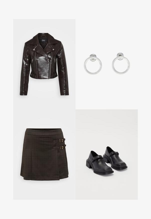 Pruun kunstnahast lühike jakk hõbedaste tõmblukkudega, laia kraega ja pikkade varrukatega. Omab diagonaalseid ja vertikaalseid tõmblukukotte.; Even&Odd Petite 2 PACK - Topp - light grey/black; Tume ruuduline seelik, A-line siluett, millel on kaks külgbuklit kuldse tooni riistvaraga. Valmistatud tekstureeritud kangast, millel on peen kontrollmuster.; Mustad mustad jalanõud ümmarguse varbaga, tasase tallaga ja kinnitusega rihmaga, millel on pandla detail. Suure plokknina, mis tagab lisastabiilsuse.; Hõbedased metallist rõngastooted, millel on harjatud tekstuur, ümmargune disain ja selge tagumine post, tagamaks kindlat kandmist.