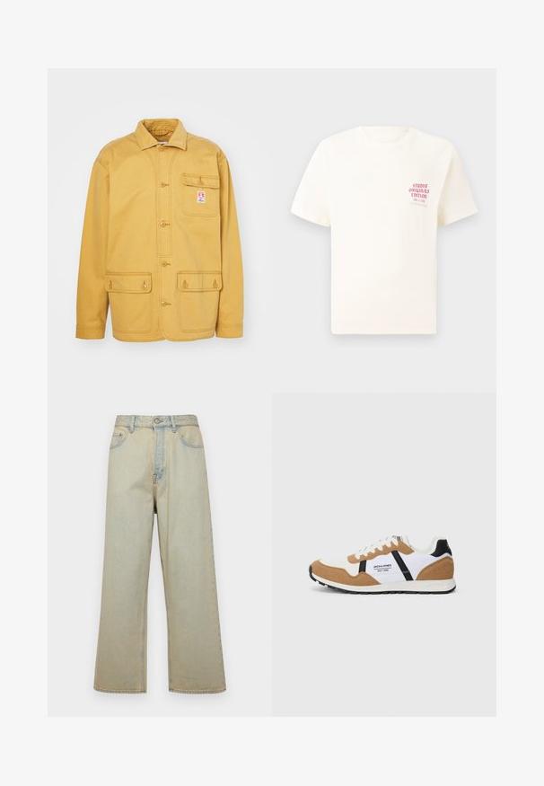 Wrangler CASEY CHORE JACKET - Skraistė - dijon; Balta trumpa rankovėmis marškinėliai su raudonu užrašu "Studio Originals Edition" kairiajame krūtinės šone, rodomi neutralioje pilkoje aplinkoje.; Šviesiai mėlynos platėjančios džinsai, pagaminti iš audinio su nusidėvėjusiu efektu. Turi penkias kišenes ir priekinį mygtuką.; Retro stiliaus sportbačiai su balta, tan zomša, juodais akcentais, baltais raišteliais ir "Jack & Jones EST. 1990" logotipu šone.