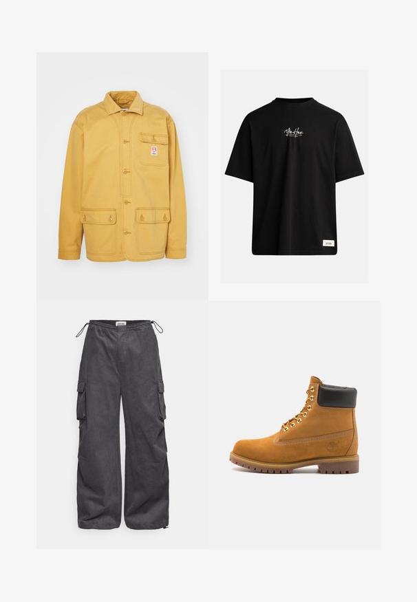 Wrangler CASEY CHORE JACKET - Summer jacket - dijon; Black short-sleeve t-shirt made of cotton. Features a small white logo on the chest and a rectangular label on the bottom right.; Gray cargo pants with a textured fabric, elastic waistband, drawstring, and side pocket details. Loose fit with wide legs.; Tan suede ankle boot with black padded collar, gold metal eyelets, white stitching detailing, and rugged rubber sole with pronounced treads.