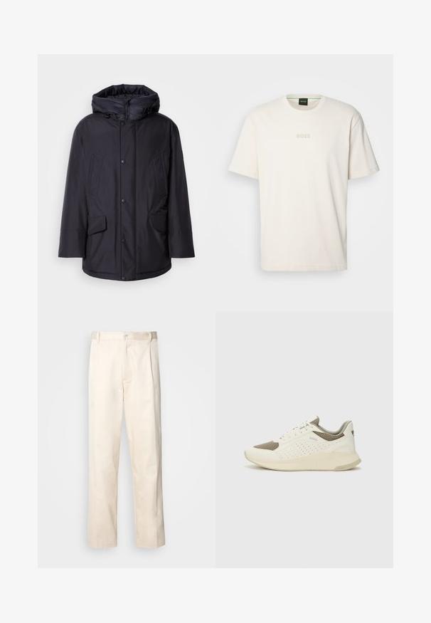 Casaco acolchoado preto com capuz destacável, apresentando fechos de botão, dois grandes bolsos frontais e um exterior suave e resistente à água.; BOSS TEE - T-shirt básica - open white; Calças de algodão bege com corte reto, apresentando um fecho de botão e pregas na frente para um detalhe adicional.; Sapatilha atlética branca e bege claro, com parte superior em malha, detalhes perfurados e uma entressola texturizada com marcação no calcanhar.