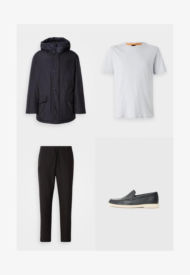 Fekete párnázott kabát levehető kapucnival, gombos rögzítéssel, két nagy elülső zsebbel és sima, vízálló külső réteggel.; Világosszürke, rövid ujjú pamut póló, kis logóval a mellrészén és kontrasztos narancssárga díszítés a nyakkivágásnál.; Fekete jogger nadrág sima anyagból. Rugalmas derekú, húzózsinórral, tapered lábakkal és látható zsebek nélkül készül. Egyszerű dizájn.; Fekete bőr, slip-on stílusú loaferek, texturált felülettel és kontrasztos bézs gumitalppal. A frontrészén finom díszítéssel rendelkezik.