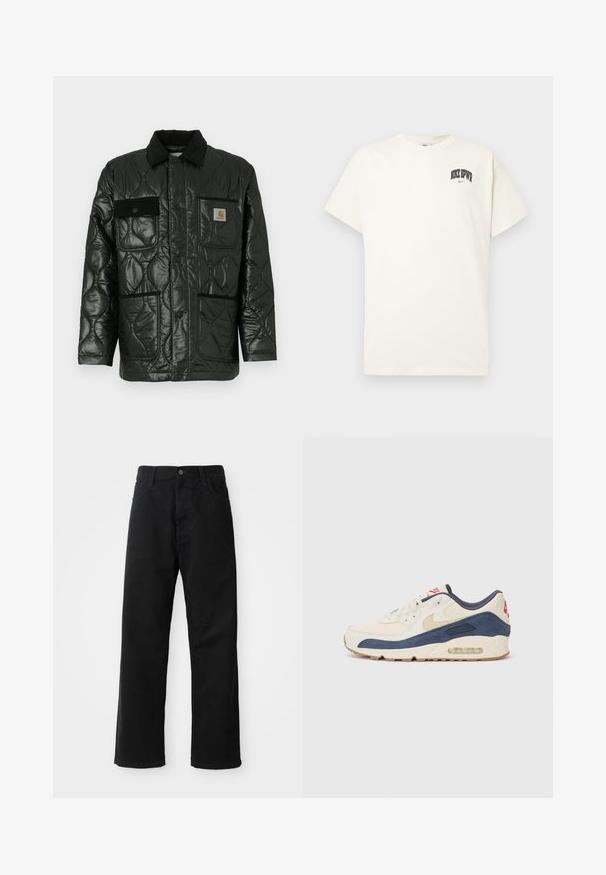 Casaco acolchoado preto com acabamento brilhante, apresentando um colarinho, quatro bolsos adesivos e acabamentos em sarja preta.; T-shirt de algodão na cor creme com mangas curtas, apresentando "NIKE SB" em texto preto e vermelho no peito. Gola redonda padrão.; Calças de ganga pretas com corte direito, apresentando bolsos frontais, fecho de zip e um único botão na parte superior. Tecido texturizado com um acabamento mate.; Tênis com parte superior em couro creme e camurça azul-marinho, apresentando uma sola de ar visível, solado em borracha bege e um detalhe vermelho no calcanhar.