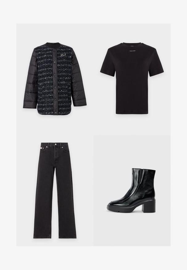 Melnas un tumši zilas pufīgās jakas ar teksturētu auduma priekšpusi, kas aprīkota ar pogu aizdari un logotipa izšuvumu. Gludas piedurknes un apakšmala.; Melna kokvilnas T-kreklu ar īsām piedurknēm, apaļu kakla izgriezumu un nelielu baltu "Calvin Klein" logotipu krūtīs. Gluda tekstūra, klasiskā piegriezuma.; Melni platmalu džinsi, kas izgatavoti no denima, ar augstu vidukli, piecu kabatu dizainu un metāla pogas aizdari ar kontrastējošu šuvumu.; Melnas lakotas ādas potītes zābaki ar izliekto purngalu, elastīgām sānu paneļiem un masīvu blokveida papēdi. Aizmugurē ir izsistā logo.