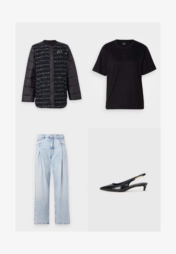 Must mustu ja tumesinine polsterdunud jope tekstuurse kangas esiosaga, millel on nööbikinnitus ja logokirjutus. Siledad varrukad ja alläär.; Mustmust särk, millel on ümar kaelus, lühikesed varrukad ja tindiga tikitud logo rinnal. Lihtne, mugav lõige ilma mustriteta.; Heledad sinise denimist valmistatud teksapüksid kõrge vöökohaga, laia jala lõikega, kahe külje taskuga ja pleedi disainiga. Pehme tekstuur ja pleekinud viimistlus.; Mustad nahast slingback kontsad terava ninaga, millel on õhuke konts ja kuldse tooni aktsent reguleeritaval rihmal. Sile tekstuur.