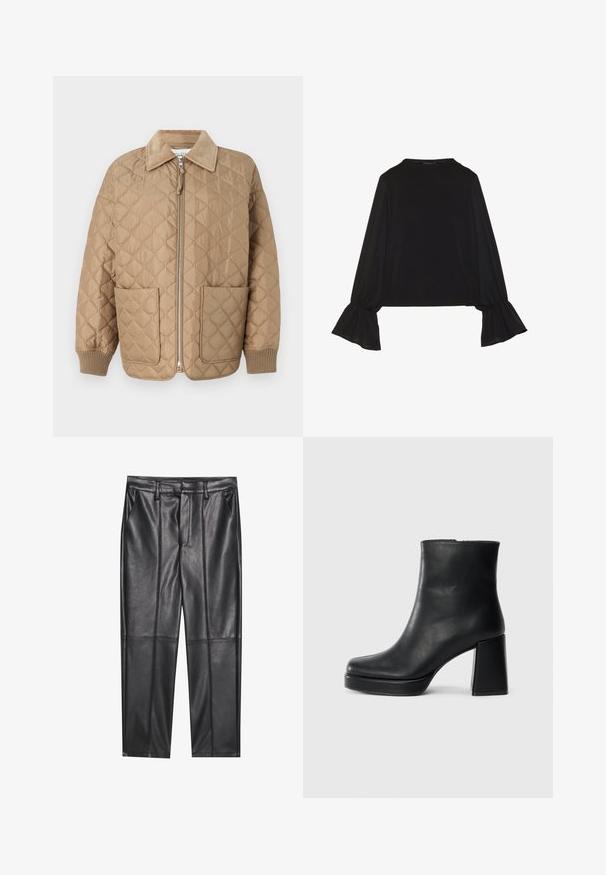 Lys brun quiltet jakke med kordfløyelskrage, glidelås foran og to store klaffelommer. Ribbestrikkede mansjetter og myk tekstur hele veien.; Svart langermet topp med utsvingte mansjetter, myk tekstur og avslappet passform, med enkel rund hals.; Sorte lærbukser med en glat tekstur, der har en lige pasform, to forlommer og synlige sømdetaljer.; Sorte skinnankelsko med blokkhæl og plattformsåle, sett fra siden på en enkel hvit bakgrunn.