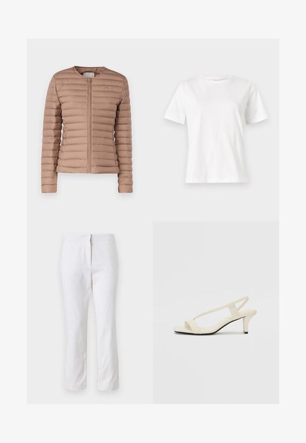 Chaqueta de plumas acolchada color marrón claro con cuello redondo y cierre frontal con cremallera. Textura suave con un sutil logotipo en el pecho.; Camiseta de algodón blanca de manga corta, con cuello redondo y un corte relajado. Textura suave, sin patrones ni acentos, diseño minimalista.; Pantalones de algodón blancos con un diseño de pierna recta, que cuentan con una cintura de media altura y sin herrajes o patrones visibles. Textura suave en todo su recorrido.; Sandalias de tacón cuadrado en color beige con tiras delgadas y punta cuadrada. Material suave con un diseño minimalista, diseñado para facilitar su uso.