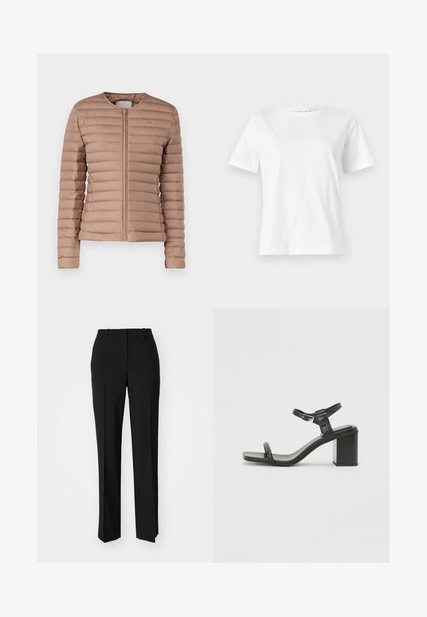 Gaiši brūns, quiltēts pūkains jaciņa ar apaļu apkakli un priekšējo rāvējslēdzēju. Gluda tekstūra ar smalku zīmola logo uz krūšu daļas.; Baltas kokvilnas T-krekls ar īsām piedurknēm, apaļu kakla izgriezumu un brīvu piegriezumu. Gluda tekstūra, bez rakstiem vai akcentiem, minimālistisks dizains.; Melnas pielāgotas bikses ar taisnu kāju dizainu, kas raksturojas ar gludu faktūru un asiem krokām pa priekšu. Nav redzamu metāla detaļu.; Melna ādas blokveida papēža sandle ar platu joslu pāri pirkstiem un regulējamu potītes siksniņu, ar elegantu, minimālistisku dizainu.