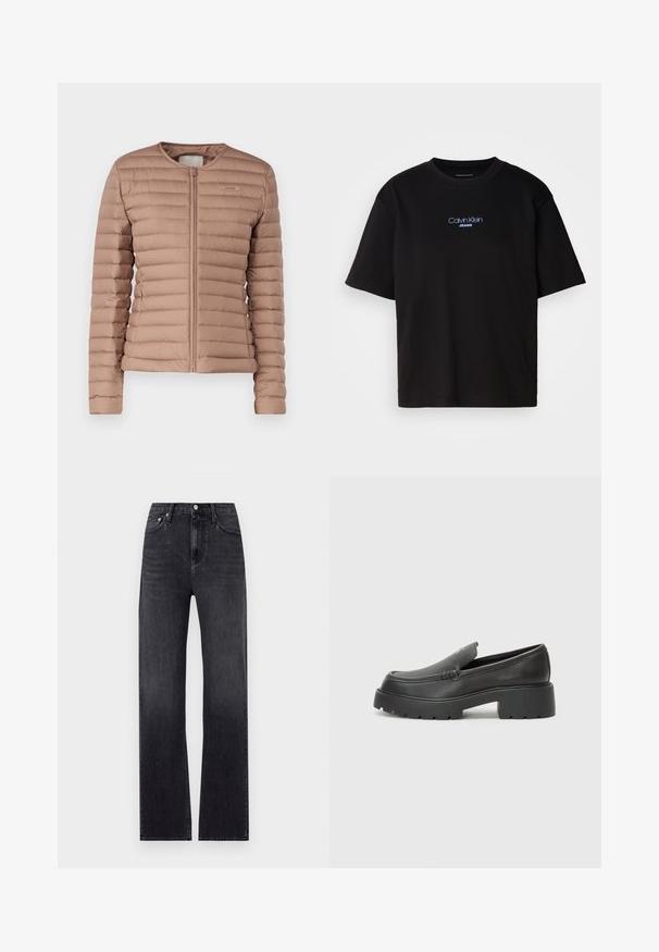 Svetlohnedá prešívaná puffer bunda s okrúhlym výstrihom a predným zipsom. Hladká textúra s jemným brandingom na hrudi.; Čierne bavlnené tričko s okrúhlym výstrihom, krátkymi rukávmi a modrým vyšívaným logom "Calvin Klein JEANS" na prednej strane.; Čierne rovné džínsy vyrobené z denimu, s vysokým pásom, piatimi vreckami a zipsom s gombíkovým zapínaním. Mierne vyblednutý vzhľad.; Čierne kožené mokasíny s okrúhlou špičkou, hrubou textúrovanou podrážkou a minimom stehovej výzdoby. Štíhly dizajn bez viditeľných šnúr alebo kovania.