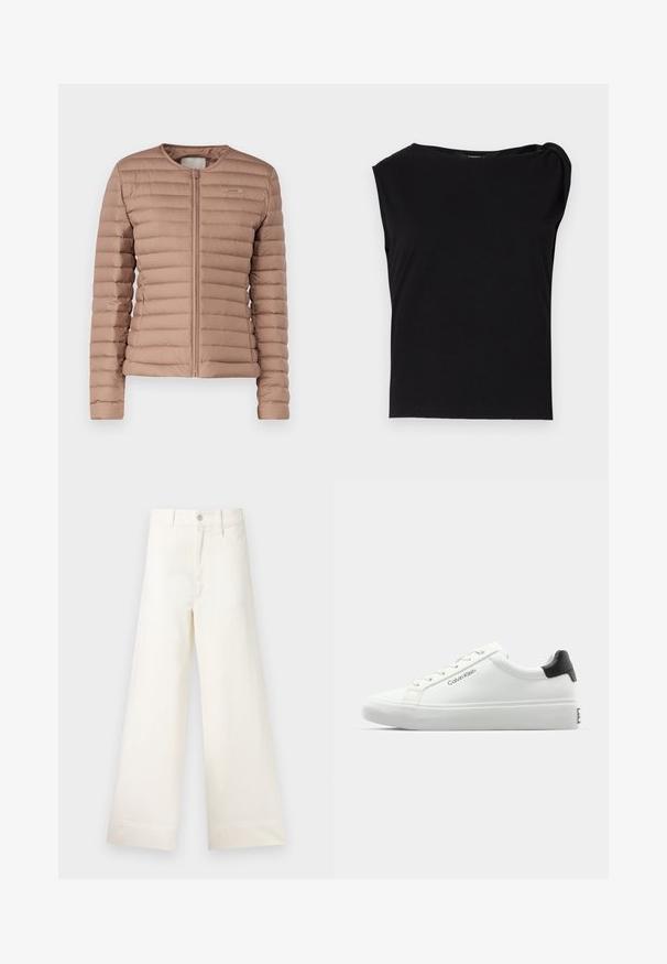 Jachetă puffer matlasată de culoare maroniu deschis, cu guler rotund și închidere cu fermoar frontal. Textură netedă cu o marcă subtilă pe piept.; Top negru cu maneci scurte, fabricat dintr-un material neted. Prezintă un decolteu rotund și un detaliu drapat pe umăr. Design simplu, ajustat.; Pantaloni cu croi larg din bumbac bej deschis. Prezintă talie înaltă, buzunare frontale și croi drept. Terminare netedă a tivului, fără modele.; Tenisii albi cu un finisaj neted, cu accent pe toc negru și design cu șireturi. Prezintă branding-ul "Calvin Klein" pe lateral. Stil minimalist.