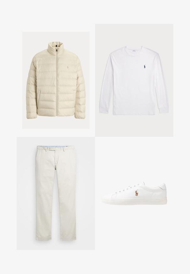 Kreminės spalvos pūkinė striukė, pagaminta iš siūto audinio. Turi aukštą apykaklę, priekinį užtrauktuką ir toninį logotipą ant krūtinės.; Balta ilgomis rankovėmis marškinėliai iš medvilnės. Gali būti apvalios formos kaklas, raukšlės ant rankovių, ir nedidelis tamsiai mėlynas polo logotipas kairėje krūtinės pusėje.; Šviesiai rudi medvilniniai chinos tipo kelnės su plokščiu priekiniu dizainu, diržo kilpomis ir šoninėmis kišenėmis. Tiesaus kirpimo dizainas su lygiu paviršiumi ir lengvu, kvėpuojančiu jausmu.; Baltos odinės sportbačiai, žemo profilio, su lygia tekstūra, apvalia nosimi, raištelių sistema priekyje ir mažyte siuvinėta logo šone.