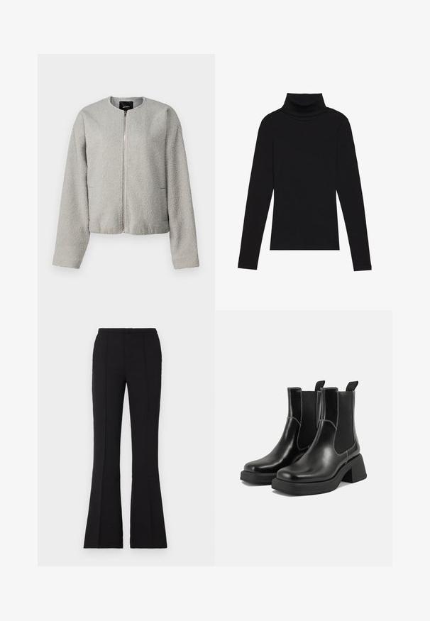 Sivá fleecová bunda s okrúhlym výstrihom, predným zipsom, dlhými rukávmi a dvoma bočnými vreckami. Mäkkučký materiál; skrátený strih.; Čierny rolák s dlhým rukávom, vyrobený z rebrovanej tkaniny, má priliehavý strih s vysokým golierom a bez vzorov alebo akcentov.; Čierne zvonové nohavice z hladkej látky, s vypasovaným pásom, prednými švovými detailmi a miernym rozšírením začínajúcim od kolena.; Čierne kožené Chelsea čižmy s robustným podpätkom, elastickými bočnými panelmi a kontrastným bielym prešívaním. Textúrovaný povrch.