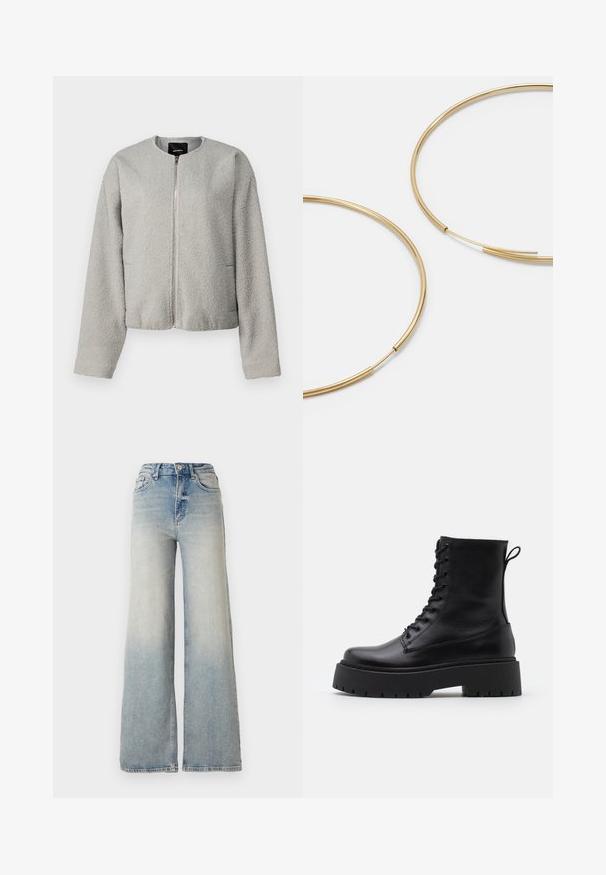 Hallhalli fliisjakk, millel on ümmargune kaelus, ees aukude sulgemine, pikad varrukad ja kaks küljetaskut. Pehme tekstuur; lühike disain.; Must be liikuvate detailidega kleit, millel on ümar kaelus ja rippuvad detailid õlgadel ja mansettides.; Heledad sinine laia säärega teksapüksid, mis on valmistatud denimist, kõrge vöökoht, viis taskut ja nähtav õmblemine õmbluste ääres.; Mustad mustad nahast pahkluu saapad ümarate varvastega, nööridega esiosas ja paksu kummist talla ning tekstuuritud mustriga. Tagumine tõmbeaas.; Kulla värvi nõelad, õhukesed ja ümmargused, millel on sile metallist pind ja ilma kaunistuste või mustriteta.