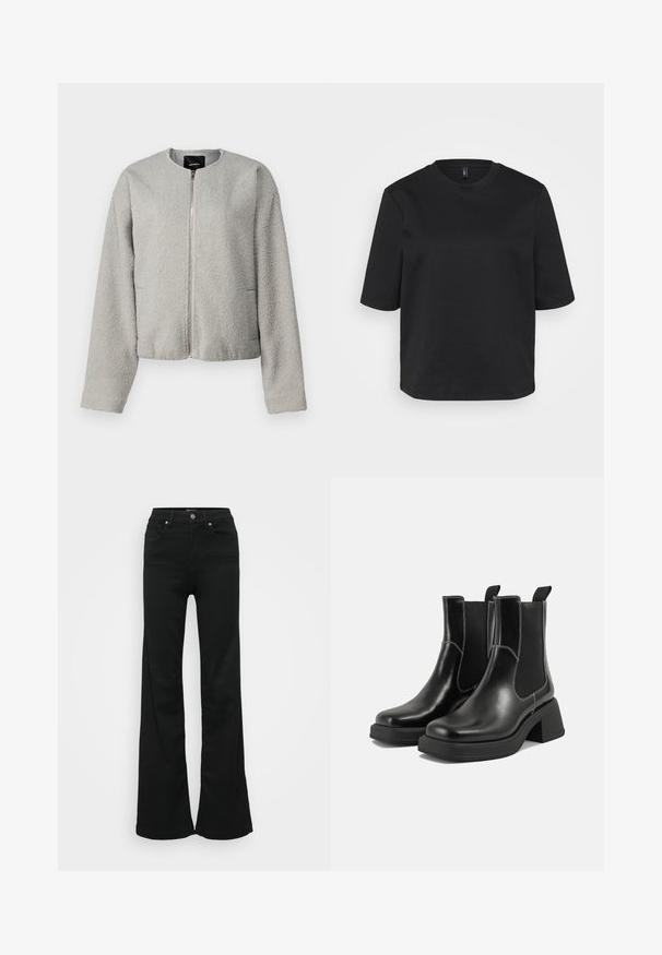 Jachetă de fleece gri cu gât rotund, închidere cu fermoar frontal, mâneci lungi și două buzunare laterale. Textură moale; design scurt.; Tricou negru cu gât rotund, din bumbac, cu mâneci scurte și o croială lejeră. Textură netedă, fără modele sau accente vizibile.; Jeans negri evazați din denim, cu talie înaltă, cinci buzunare și închidere cu nasture metalic. Textură netedă, cu detalii minime.; Botine Chelsea din piele neagră, cu toc masiv, panouri laterale elastice și cusături albe contrastante. Finisaj texturat.