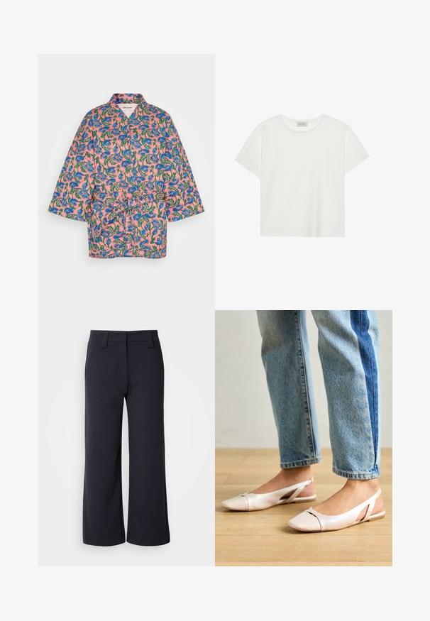 Lollys Laundry Palton scurt - multi-colour; Tricou alb cu mânecă scurtă, made din bumbac moale. Are un guler rotund și o croială lejeră. Design curat, fără modele sau accente vizibile.; Pantaloni lejeri din material de culoare bleu închis. Au un front plan, bucle pentru centură și buzunare laterale. Materialul este neted și are o ușoară elasticitate.; Sandalete plate de un roz pal cu vârf ascuțit, realizate dintr-un material asemănător pielii, neted. Prezintă detalii decupate pe laterale și un toc plat.