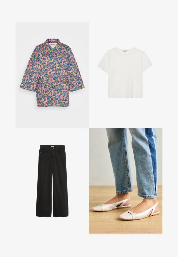 Lollys Laundry Rövid kabát - multi-colour; Fehér, rövid ujjú póló, puha pamutból készült. Kerek nyakkivágással és laza szabással rendelkezik. Tiszta dizájn, látható minták vagy díszítések nélkül.; Széles lábú fekete farmernadrág magas derékkal. Öt zseb, fémalkatrészek és letisztult kivitel jellemzi. A textúra sima és puha.; Világos rózsaszín slingback laposlábú cipők, hegyes orral, sima bőrhatású anyagból készült. Oldalt kivágott részletek találhatók rajta, valamint lapos sarkú.