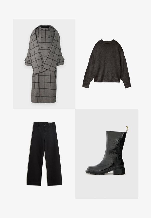 Cappotto di lana grigio con un motivo a rete nera, frontale doppiopetto con bottoni neri, maniche ampie e una texture morbida.; Maglione grigio scuro, realizzato in tessuto morbido, con colletto rotondo, spalle scese e orlo e polsini a costine. Design semplice, senza motivi.; Pantaloni in denim neri a gamba larga con vita alta, dotati di tasche anteriori e posteriori, cuciture a punto, e chiusura con bottone. Texture liscia.; Stivale alla caviglia nero realizzato in materiale lucido e testurizzato. Presenta un tacco spesso e un'apposita linguetta sul retro per una facile vestibilità.