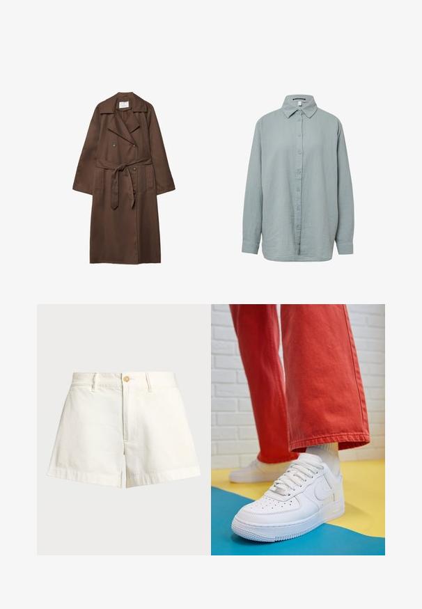 Hnedý trenčkot s dvojitým zapínaním, veľkým golierom, dlhými rukávmi, opaskom v páse a dvoma prednými vreckami. Hladká textúra látky.; Svetlomodrá, dlhá košeľa s gombíkmi. Vyrobená z mäkkej, textúrovanej látky so štandardným golierom, s gombíkovým zapínaním vpredu a manžetami na rukávoch.; Biela kratká dámska tričko s krátkym rukávom vyrobené z mäkkej látky. Má okrúhly výstrih a jednoduchý, čistý dizajn so rovnými okrajmi.; Biele bavlnené šortky so rovnom strihom, s gombíkovým zapínaním, bočnými vreckami a manžetovým lemom pre čistý vzhľad.; Biele kožené tenisky s perforovanou špičkou, textúrovanou podrážkou a bielymi šnúrkami, spárované so širokými červenými nohavicami na modrom a žltom pozadí.