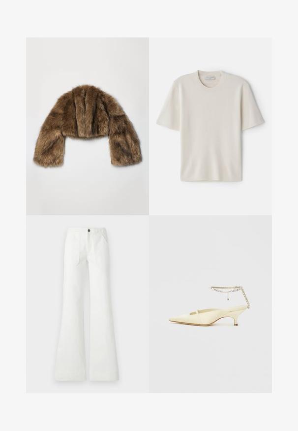 A.W.A.K.E. MODE ROUNDED SLEEVE CROPPED - Vinterjacka - brown; Krämfärgad t-shirt med korta ärmar och rund halsringning, tillverkad av mjukt material, med rak skärning och minimal detaljering.; Vita utsvängda byxor i vävt tyg, med en flätad midja, två framfickor och en slät yta. Försedda med en svart knapp.; Pekig tå gul satin slingback-sko med låg klack och ett dekorativt kedjestrapsomfång med rhinestones. Slät textur, minimalistisk design.