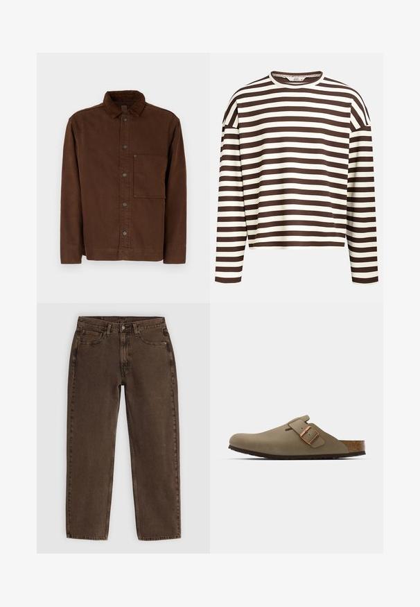 Ruskea nappitakkia, joka on valmistettu puuvillamateriaalista. Tässä takissa on kaulus, pitkät hihat, etutasku ja ruskeat napit. Sen pinta on sileä ja väri yhtenäinen.; Ruskea ja vaaleanruskea raidallinen pitkähihaistoppi, jossa on pyöreä kaula-aukko, ribbikuviointi ja viistetyt olkaimet, sekä lyhennetty leikkaus.; Ruskohvendynien farkut, joissa on suora leikkaus, viisi taskua, edessä nappikiinnitys ja minimaalinen ompelu. Pehmeä tekstiili, jossa on matta pinta.; Ruske läppäkorot, joilla on sileä, matta pinta. Sivulla on näkyvä pronssivöri. Korkkijalkine ja kumipohja mukavuutta varten.