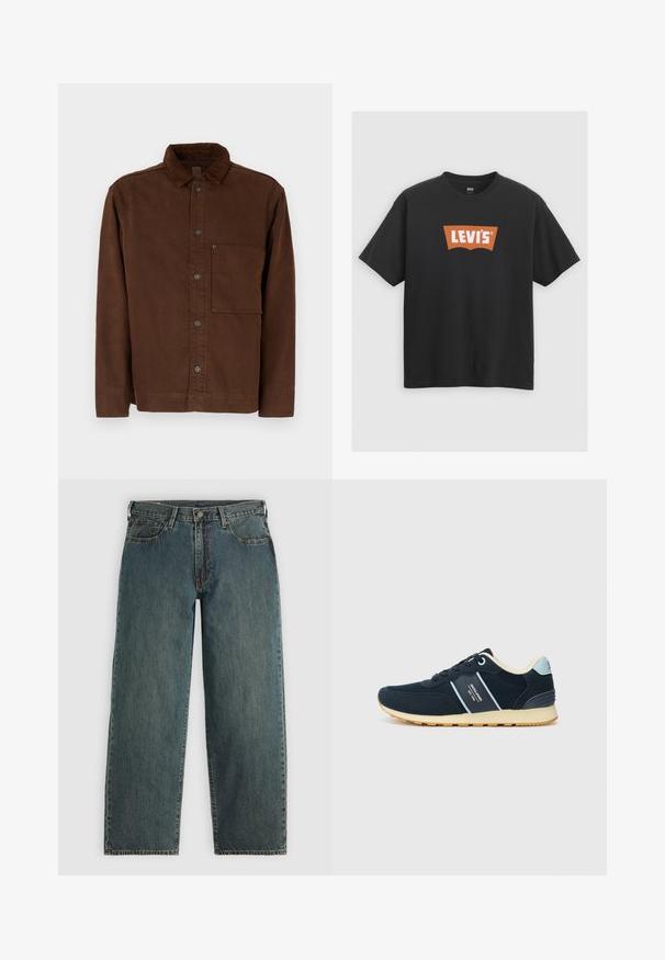 Brown button-up jacket in cotton material, featuring a collar, long sleeves, front pocket, and brown buttons. Smooth texture with solid color.; Black cotton t-shirt featuring a large orange Levi's logo on the front, short sleeves, and a crew neck design.; Dark blue straight-leg denim jeans with a button and zipper closure, front pockets, and belt loops on a light gray background.; Navy blue athletic shoes made of suede and mesh, featuring a cream heel accent and gum rubber outsole. Side logo and lace-up design.