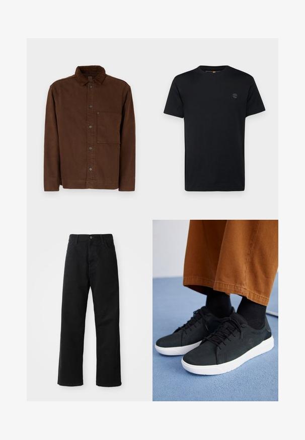 Pruun nööpidega jakker, mis on valmistatud puuvillast, featuring kaelus, pikad varrukad, eesmine tasku ja pruunid nööd. Sile tekstuur, ühtlane värv.; Mustmust t-särk, millel on ümar kaelus, lühikesed varrukad ja väike, tikandiga logo rinnal. Sile tekstuur, klassikaline lõige.; Mustadest denimist püksid sirge lõikega, mis sisaldavad ees taskuid, lukufliisi ja ühte ülemist nööpi. Tekstureeritud kangas mati viimistlusega.; Mustad suede spordijalatsid valge kummitaldaga, millel on paeltega kinnitamine, tekstuuriga aktsendid ja tagasihoidlik bränding, koos pruuni pükstega.