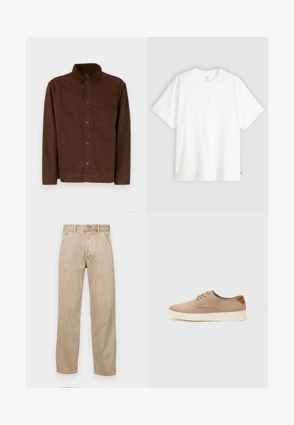 Brun knappjakke i bomullsmateriale, med krage, lange ermer, framlomme og brune knapper. Glatt tekstur med ensfarget utseende.; Hvit t-skjorte med korte ermer laget av bomull, med rund hals. Har diskret preget logo detalj foran og en rød etikett på kanten.; Beige denimjeans med rett ben design, med frontlommer, metallknapplukking og subtil tekstur.; Beige semskinnsko med rund tå, snøring foran og en teksturert bakre aksent. Hvit gummisåle gir kontrast. Enkelt og moderne design.