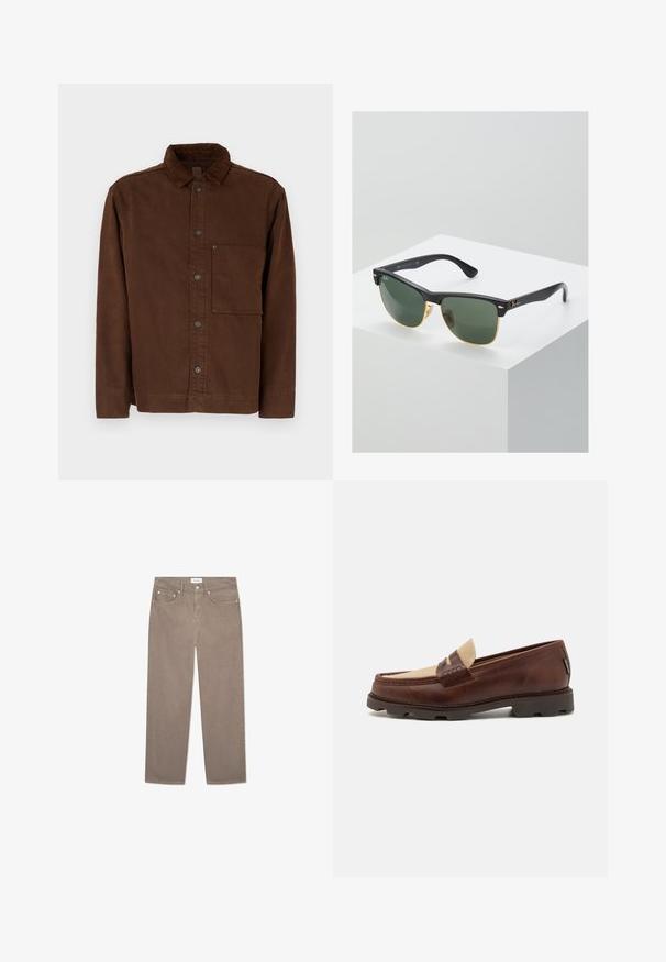 Brah na gumbasta jakna iz bombažne tkanine, ki ima ovratnik, dolge rokave, sprednji žep in rjave gumbe. Gladka tekstura z enotno barvo.; Bela bombažna majica brez rokavov z okroglo izrezom, širokimi naramnicami in ravnim robom, ki se ponaša z gladko teksturo in brez vidnih vzorcev.; Rjave kavbojke ravnega kroja, ki vsebujejo pet žepov, kovinsko opremo in gladko teksturo. Tkanina ima subtilen, enakomeren vzorec.; Rjave usnjene loafers čevlje s taupe platnenim dodatkom, šivanim detajlom in teksturiranim gumijastim podplatom, zasnovani za udobje in vzdržljivost.; Sončne naočale Ray-Ban z zelenimi lečami, črnimi plastičnimi okvirji in zlatimi poudarki na robovih. Kvadratna oblika z mat površino.