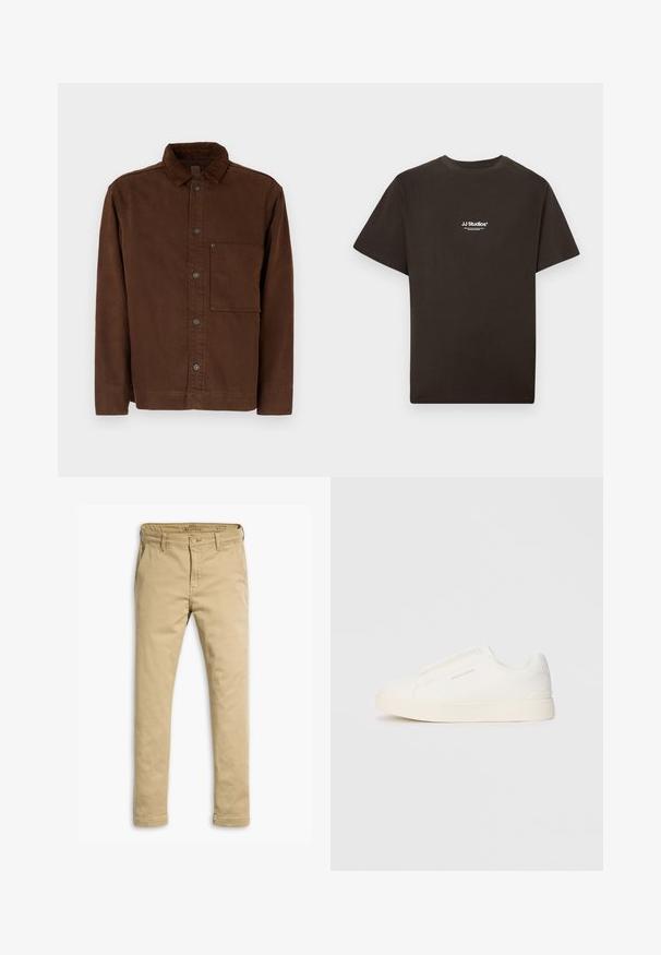 Chaqueta marrón de botones en material de algodón, con cuello, mangas largas, bolsillo frontal y botones marrones. Textura suave con color sólido.; Camiseta de algodón negra con mangas cortas y cuello redondo, con el logo "JJ Studios" en blanco en el centro frontal. Textura suave.; Chinos color beige de algodón, con diseño de pierna recta, bolsillos delanteros y traseros, y cierre de botón con trabillas para cinturón.; Zapatillas blancas tipo slip-on con una superficie texturizada, suela gruesa y diseño minimalista. Presenta el logo de la marca en un lado.