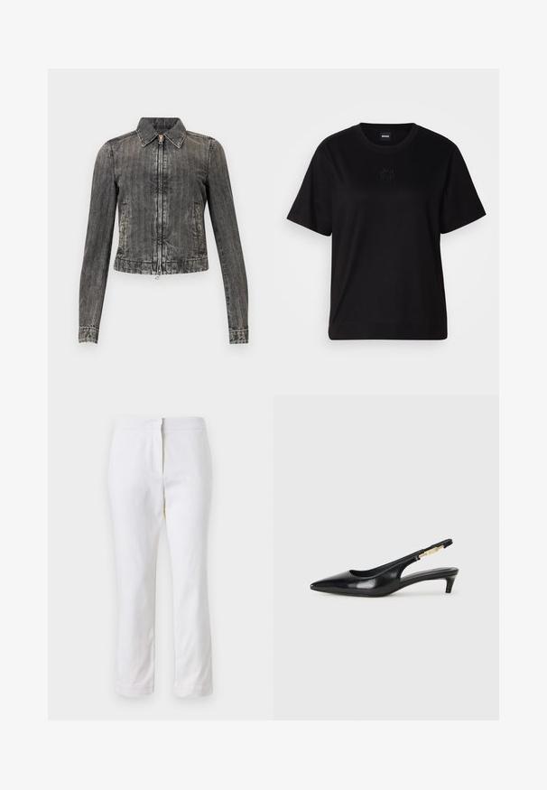 Zilas džinsi jaka ar rāvējslēdzēju priekšā, ar norādītu apkakli un divām sānu kabatām; ar vertikālām svītrām un īsu griezumu.; Melna kokvilnas T-krekls ar apaļu izgriezumu, īsām piedurknēm un izšūtu logotipu uz krūtīm. Vienkāršs, brīvs piegriezums bez rakstiem.; Baltas kokvilnas bikses ar taisnu kāju dizainu, ar vidēju augstumu un bez redzamām detaļām vai rakstiem. Visā virsmā ir gluda tekstūra.; Melnas ādas slingback zābaki ar smailu purngalu, ar šauru papēdi un zelta krāsas akcentu uz regulējama siksniņas. Gluda tekstūra.