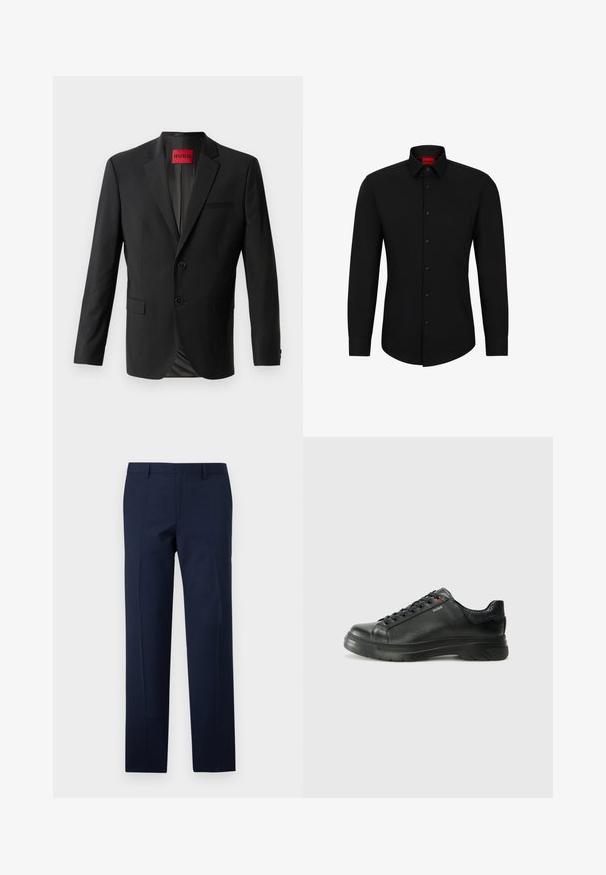 Juodas švarkas, pagamintas iš lygaus audinio, su dviem priekiniais mygtukais, notch formos apykaklėmis ir vienu krūtiniu kišeniu. Etiketas matomas apykaklės viduje.; Juodas ilgomis rankovėmis marškinis su sagų užsegimu, klasikinė apykaklė ir apvalus kraštas; su juodomis sague ir raudona logo apykaklės viduje.; Tamsiai mėlyni kelnių su pritaikytu siluetu, pasižyminčiomis lygiu tekstūra, ryškiomis klostėmis ir plokščiu priekiu. Paslėptas užtrauktukas.; Juodos odinės sportinės bateliai su tekstūruota viršutine dalimi, paminkštinta apykakle ir raudonu logotipo akcentu. Yra storas guminis padas su išskirtiniu protektoriaus raštu.