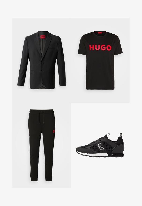 Czarna marynarka uszyta z gładkiego materiału, z dwoma guzikami z przodu, klapami oraz jedną kieszenią na piersi. Metka widoczna wewnątrz kołnierza.; Czarna bawełniana koszulka z odważnym czerwonym napisem "HUGO" z przodu, krótkie rękawy, okrągły dekolt oraz luźny krój.; Czarne dresy wykonane z miękkiej tkaniny, z gumką w talii, dopasowanej sylwetce i czerwoną łatą z logo na lewej udzie.; EA7 Emporio Armani - Sneakersy niskie