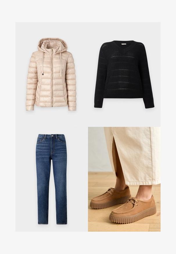 Harmaa puff takki, jossa on huppu, tikattu muotoilu, etuvetoketju, säädettävät kiristysnauhat ja sileä, kiiltävä pinta. Kulta-hopeiset yksityiskohdat.; TOM TAILOR DENIM V NECK - Neule - deep black; Siniset korkeavyötäröiset farkut, suora lahje, hienovarainen kulutusjälki, yhdellä napilla kiinnitys ja viisi taskua.; Ruske nahkatossut, joissa on teksturoitu pinta, pyöreä varvas ja paksut, uurrettu pohjat. Nyörit ja ompelusarja korostavat designia.