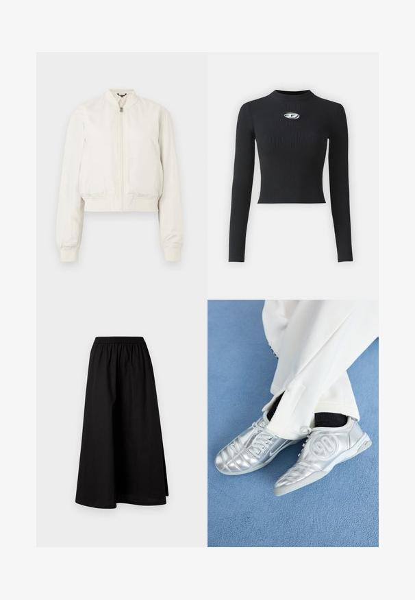 Casaco bomber curto em tecido branco sujo, com fecho de correr frontal, gola subida e punhos canelados, apresentando uma textura suave e mate.; Top preto de malha com mangas longas, com um silhueta ajustada e um decote arredondado. Apresenta um acabamento central em metal prateado.; Duas blusas sem mangas em preto e branco, feitas de algodão canelado, com decotes redondos e um design ajustado. Etiquetas visíveis em ambas.; Saia preta, até ao joelho, feita de material leve, com cintura elástica e uma silhueta A-line descontraída. Não apresenta padrões visíveis.; Tênis atléticos prateados com um acabamento liso e brilhante, apresentando um design costurado e o número 90 na lateral, combinados com calças brancas.