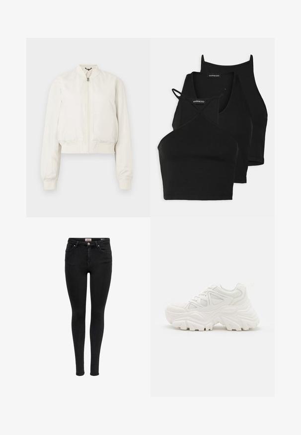 Cropped bomberjakke i off-white stof, med lynlås foran, opretstående krave og ribstrikkede manchetter, med en glat, mat tekstur.; Sorte cropped tops i blødt, strækbart stof med tynde stropper og et krydset design. Har en rund halsudskæring og sømløs afslutning.; Sorte skinny jeans med forlommer, bæltestropper og knaplukning, vist mod en hvid baggrund.; Hvide chunky sneakers med en tekstureret overdel, mesh-paneler og tykke gummisåler med et markant dækmønster. Snørebånd og en pull-tab medfølger.