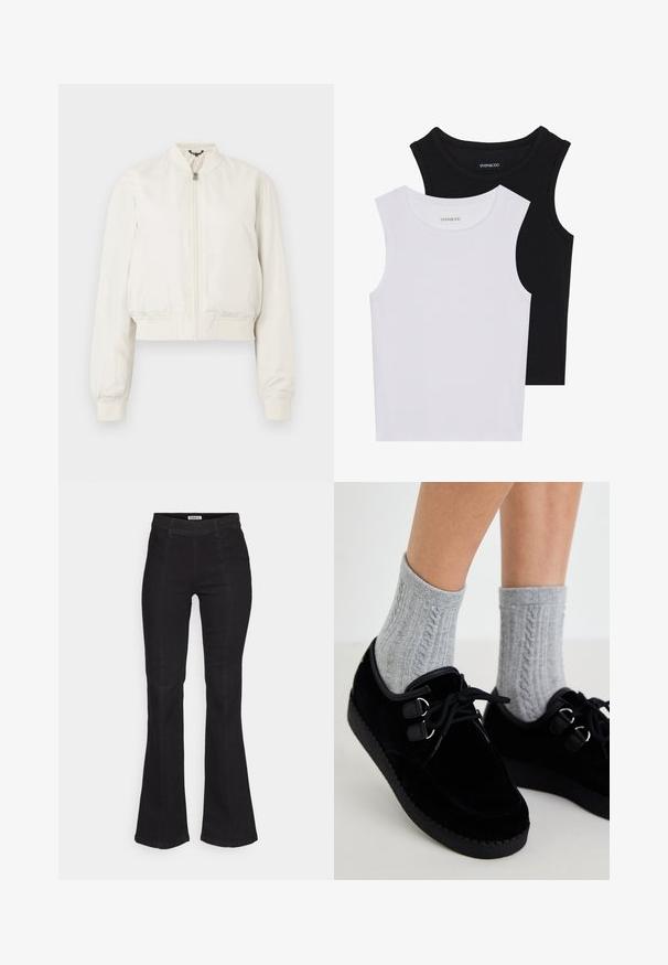 Gekürzte Bomberjacke aus off-weißem Stoff, mit Reißverschluss vorne, Stehkragen und gerippten Bündchen, mit glatter, matter Textur.; Zwei ärmellose Oberteile in Schwarz und Weiß, aus geripptem Baumwollstoff, mit runden Ausschnitten und einem taillierten Design. Etiketten auf beiden sichtbar.; Schwarze, ausgestellte Jeans aus Denim mit hoher Taille, dezenten Nahtdetails an der Vorderseite und einem klassischen Fünf-Taschen-Design.; Schwarze Samt-Schuhe mit flachen Sohlen, runder Zehenform und doppelten Ösen. Getragen mit grauen, grob gestrickten Socken. Glatte Textur und schlichtes Design.