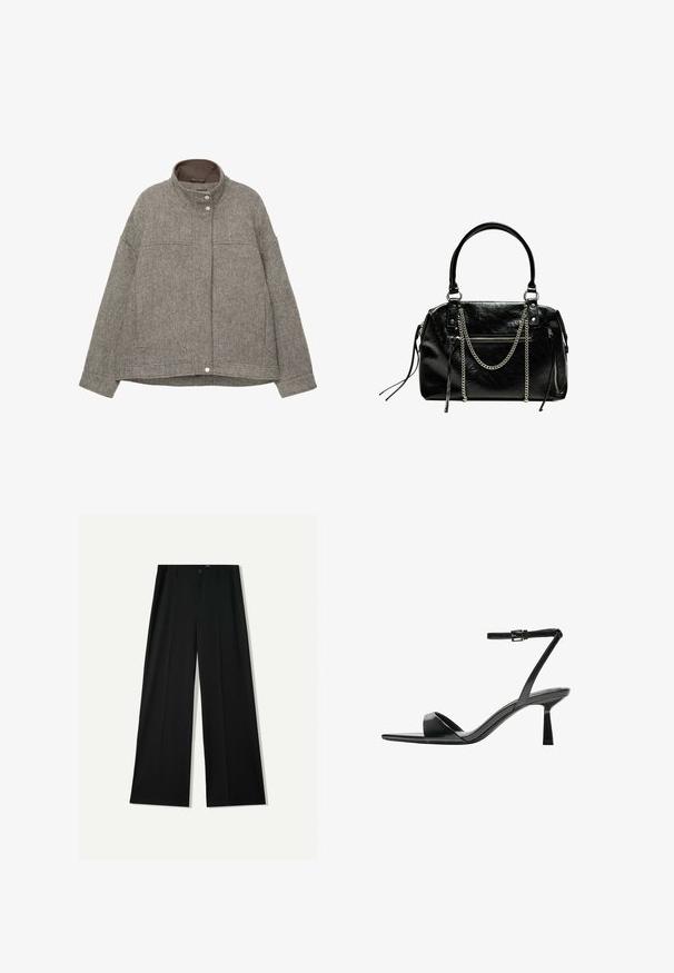 Grå uldblandet jakke med høj krave, trykknaplukning, lange ærmer, to forlommer og struktureret hørnfiskemønster.; Sort langærmet cropped top med rund halsudskæring, ensfarvet design og let buet kant.; Bershka WIDE - Bukser - black; Bershka Højhælede sandaletter / Højhælede sandaler - black; Bershka WITH CHAIN - Håndtasker - black