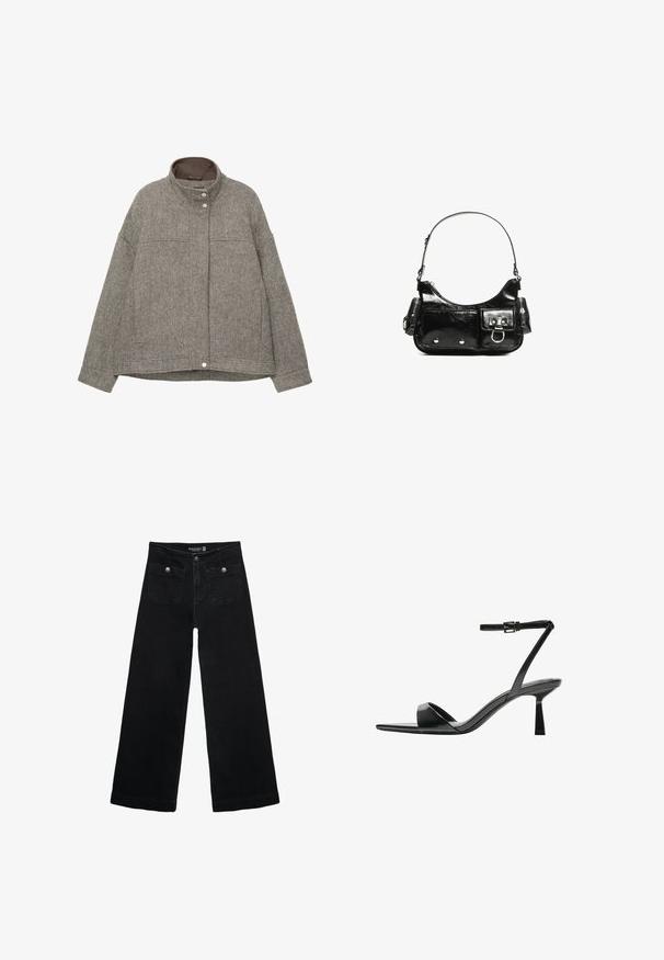 Šedá kombinovaná vlněná bunda s vysokým límcem, zapínáním na cvoky, dlouhými rukávy, dvěma předními kapsami a texturovaným vzorem rybí kosti.; Černý dlouhý rukáv cropped top s kulatým výstřihem, jednoduchý design a mírně zaoblený lem.; Černé široké džíny s vysokým pasem, obsahující dvě přední kapsy a kovové knoflíkové detaily. Látka má hladkou texturu.; Bershka Sandály na vysokém podpatku - black; Černá lakovaná kožená kabelka s křivkovým tvarem, jedním ramenním popruhem, předními kapsami a stříbrnými kovovými detaily.
