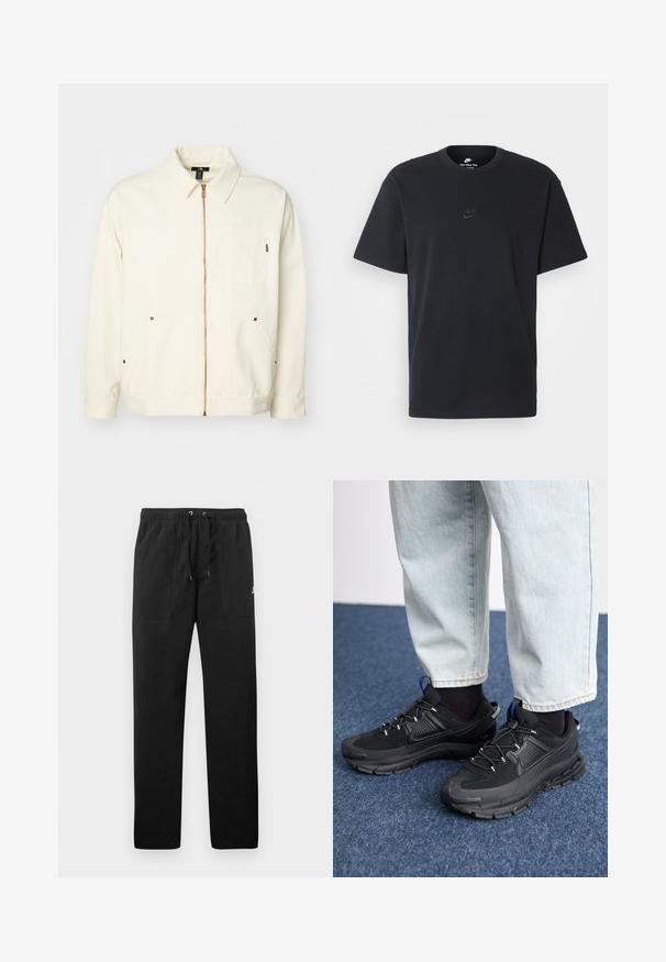 Béžová bavlněná bunda se zipem, špičatým límcem, dvěma náprsními kapsami a akcenty v měděné barvě.; Černé bavlněné tričko Nike s klasickým kulatým výstřihem, krátkými rukávy a decentně vyraženým logem na hrudi. Hladký povrch.; Černé teplákové kalhoty vyrobené z fleecu, s elastickým pasem a šňůrkami, dvěma předními kapsami a malým logem na stehně.; Černé sportovní boty s texturovanou tkaninou a gumovou podrážkou, s elastickými tkaničkami a modrým akcentem na patě. Nosí se s světlými džíny.