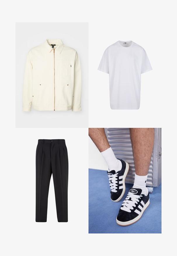 Kremfarget jakke laget av bomull, med glidelås foran, spiss krage, to påsydde lommer og kobberfargede detaljer.; Hvit bomull t-skjorte med korte ermer, rund utringning, avslappet passform, og ingen synlige logoer eller mønstre. Glatt tekstur og minimalistisk design.; Sorte bukser med plisseret frontdesign, lavet af glat stof. Har knaplukning og bæltesløjfer; rett-bukser.; Sorte semskede sneakers med hvite lisser og tre hvite striper. Har en sirkulær svart logo på tungen og en såle av gummigummi.