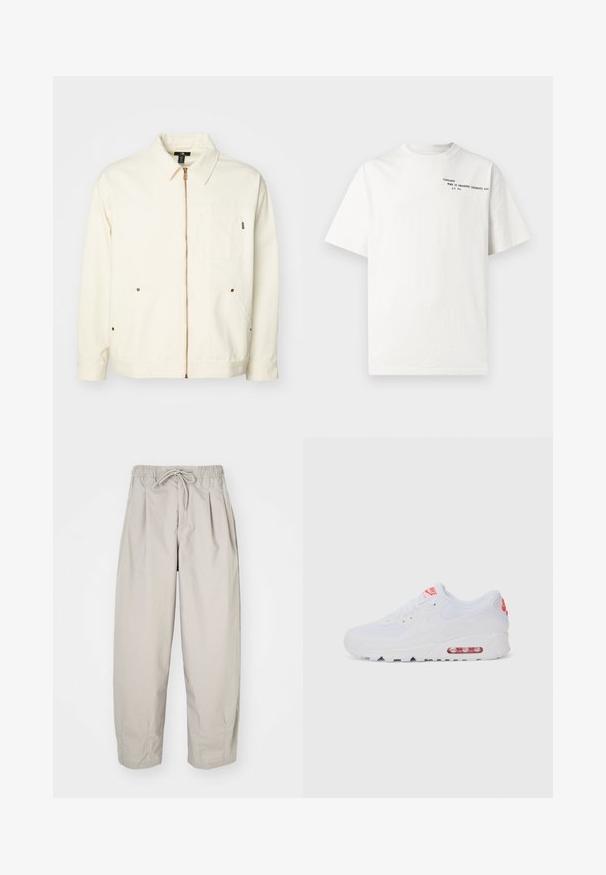 Cream-colored jacket made of cotton, featuring a zip front, pointed collar, two patch pockets, and copper-tone hardware accents.; White cotton t-shirt with short sleeves, crew neckline, and black printed text on the chest reading "Carhartt Work in Progress 1989."; Beige, lightweight trousers with an elastic waistband and drawstring. Features pleats and a loose fit, crafted from soft, smooth fabric.; White athletic sneaker featuring a smooth upper, lace closure, cushioned sole, and a visible air unit with red accents on the branding.