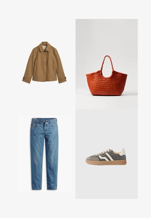 Brązowa kurtka z wełnianej mieszanki o prostym kroju, z kołnierzem, dwiema przednimi kieszeniami i mankietami zapinanymi na guziki. Charakteryzuje się subtelną teksturą i czystymi liniami.; Beżowy sweter dziany z wysokim kołnierzem, zamek błyskawiczny oraz ściągacze przy mankietach i u dołu. Tekstura zawiera wplecioną ciemniejszą włókninę.; Niebieskie dżinsy z prostym krojem nogawki, z zapięciem na suwak, dwiema przednimi kieszeniami i delikatnym przetarciem na całej powierzchni materiału.; Szare zamszowe sneakersy z teksturowaną cholewką, z kremowymi paskami i sznurowadłami, oraz gumową podeszwą zapewniającą przyczepność. Klasyczny sportowy design.; DRAGON DIFFUSION NANTUCKET pomarańczowy