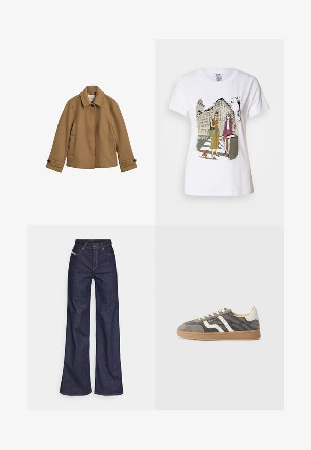 Brun jakke i uldblanding med lige snit, krave, to forlommer og knapmanchetter. Har en subtil tekstur og rene linjer.; Hvid bomulds T-shirt med et trykt illustrativt motiv af to kvinder i urban mode med en hund på et fodgængerfelt og bybygninger.; Mørkeblå bredbenede jeans i denimstof med høj talje, prydet med orange stikninger, fem-lomme design og knaplukning.; Grå ruskinds sneaker med struktureret overdel, der har crème striber og snørebånd, samt en gummigummi sål for godt greb. Klassisk atletisk design.