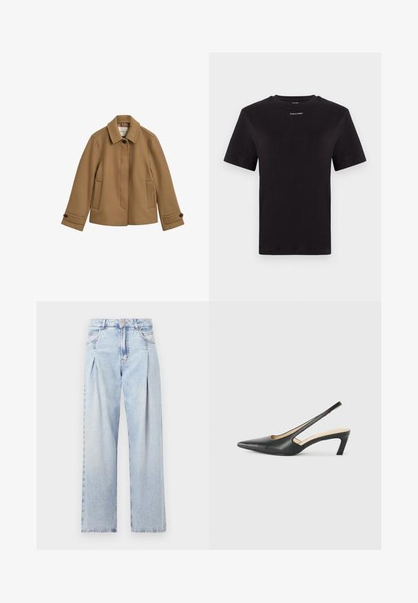 Pruun villasegu jakk sirge lõikega, krae, kahe esise beheeru ja nööpidega mansettidega. Omab peenelt tekstuuri ja puhtaid jooni.; Must musta t-särk lühikeste käistega, ümberringi kaelusega ja väikese valge "Calvin Klein" logo'ga rinnal. Sile tekstuur, klassikaline lõige.; Heledad sinise denimist valmistatud teksapüksid kõrge vöökohaga, laia jala lõikega, kahe külje taskuga ja pleedi disainiga. Pehme tekstuur ja pleekinud viimistlus.; Must mustaga, terav varvas, madala kontsaga sildiga king, mis on valmistatud siledast nahast ja mille küljel on lõike disain hingavuse tagamiseks.