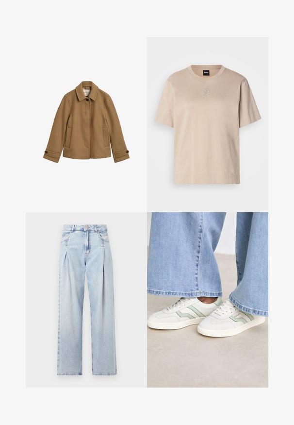 Pruun villasegu jakk sirge lõikega, krae, kahe esise beheeru ja nööpidega mansettidega. Omab peenelt tekstuuri ja puhtaid jooni.; Beez värvi lühikeste varrukatega puuvillane T-särk, ringkrae ja väikese tikitud kattuva "B" logoga keskosa esiküljel.; Heledad sinise denimist valmistatud teksapüksid kõrge vöökohaga, laia jala lõikega, kahe külje taskuga ja pleedi disainiga. Pehme tekstuur ja pleekinud viimistlus.; Valged spordijalatsid heleda rohelise aktsendiga, tekstureeritud nahast ja lame kummist tallaga. Kombineeritud laiade jalgade denimpükstega.