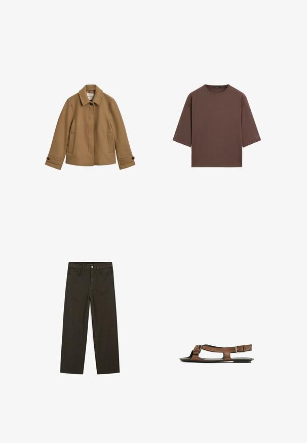 Brązowa kurtka z wełnianej mieszanki o prostym kroju, z kołnierzem, dwiema przednimi kieszeniami i mankietami zapinanymi na guziki. Charakteryzuje się subtelną teksturą i czystymi liniami.; Brązowy, krótki t-shirt z okrągłym dekoltem, krótkimi rękawami i miękką fakturą. Zaprojektowany w luźnym kroju z minimalnymi detalami.; Ciemnozielone spodnie dżinsowe typu wide-leg wykonane z mieszanki bawełny, z zamkiem na guzik z przodu, pięcioma kieszeniami i klasycznym przeszyciem dżinsowym.; Brązowe skórzane sandały z otwartym palcem i wycięciami po bokach. Posiadają pasek na kostkę z metalową klamrą oraz płaską podeszwę.