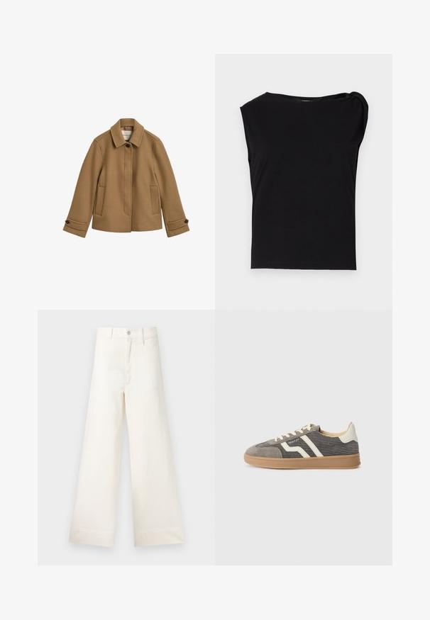 Brown, wool blend jacket with a straight cut, a collar, two front pockets, and buttoned cuffs. Features a subtle texture and clean lines.; Black short-sleeve top made of smooth fabric. Features a round neckline and draped detail on the shoulder. Simple, fitted design.; Wide-leg trousers in light beige cotton. Features a high waist, front pockets, and a straight cut. Clean hem finishing without patterns.; Gray suede sneaker with textured upper, featuring cream stripes and laces, and a gum rubber sole for traction. Classic athletic design.